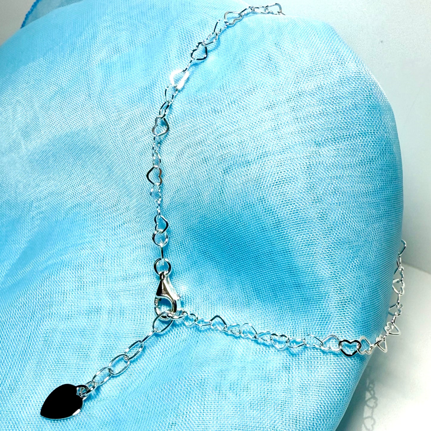 Anklet Sterling Silver Fancy Heart Shaped Link Solid Ladies Ankle Chain With Heart Charm On The End