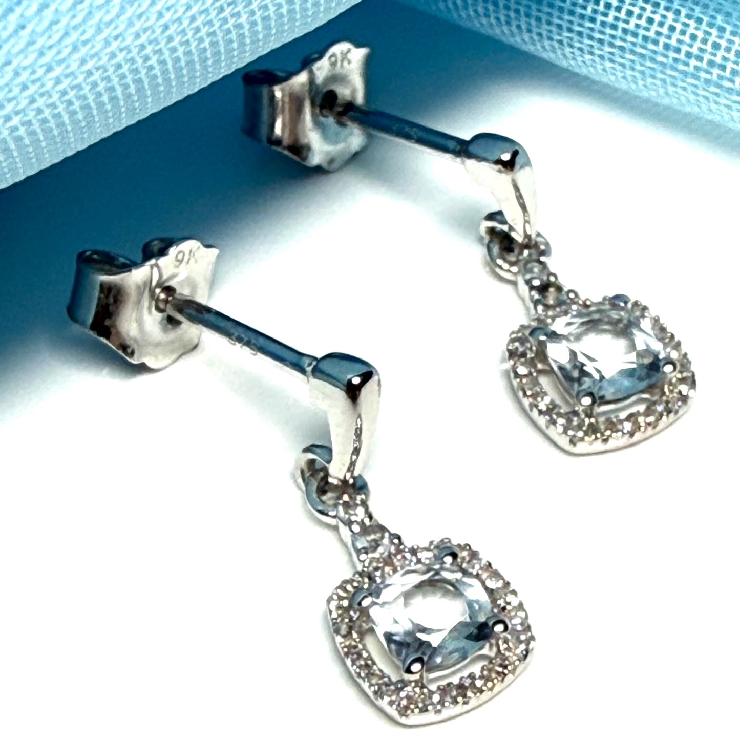 Aquamarine And Diamond White Gold Square Cluster Drop Earrings
