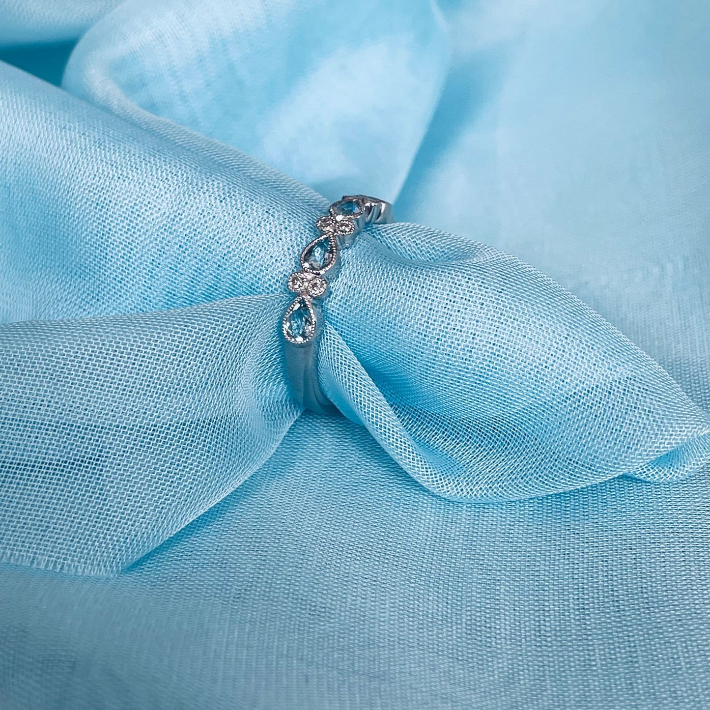 Real aquamarine eternity ring and diamond white gold fancy