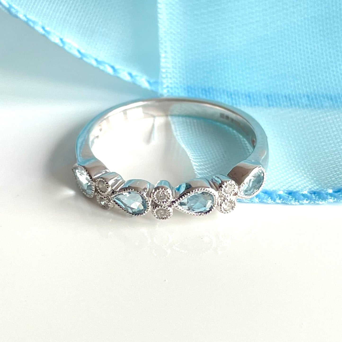 Real aquamarine eternity ring and diamond white gold fancy