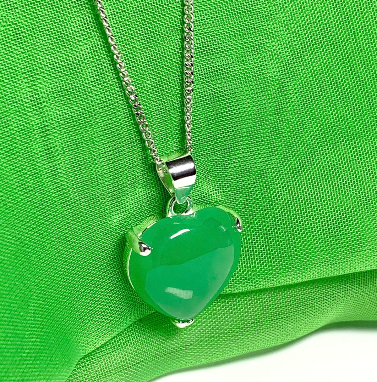 A real green jade necklace heart shaped sterling silver gorgeous pendant