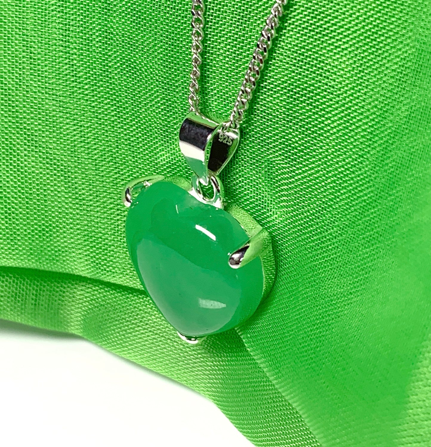 A real green jade necklace heart shaped sterling silver gorgeous pendant