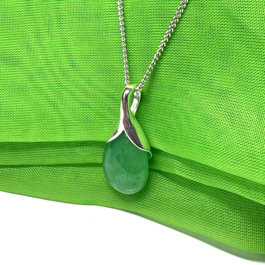 Beautiful and stunning real green jade pendant necklace in a teardrop shaped or pear shaped