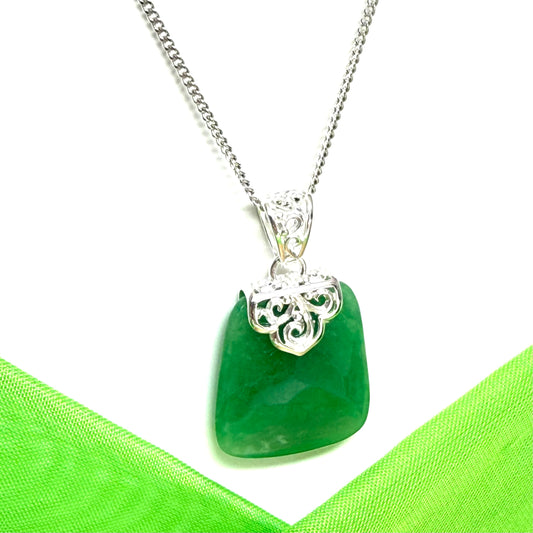 Beautiful and stunning real green jade necklace large cushion shaped with a solid sterling silver