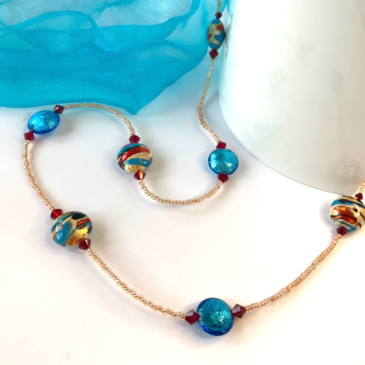 Beautiful blue red beaded real Murano glass necklace