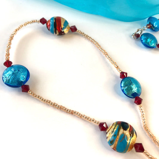 Beautiful blue red beaded real Murano glass necklace