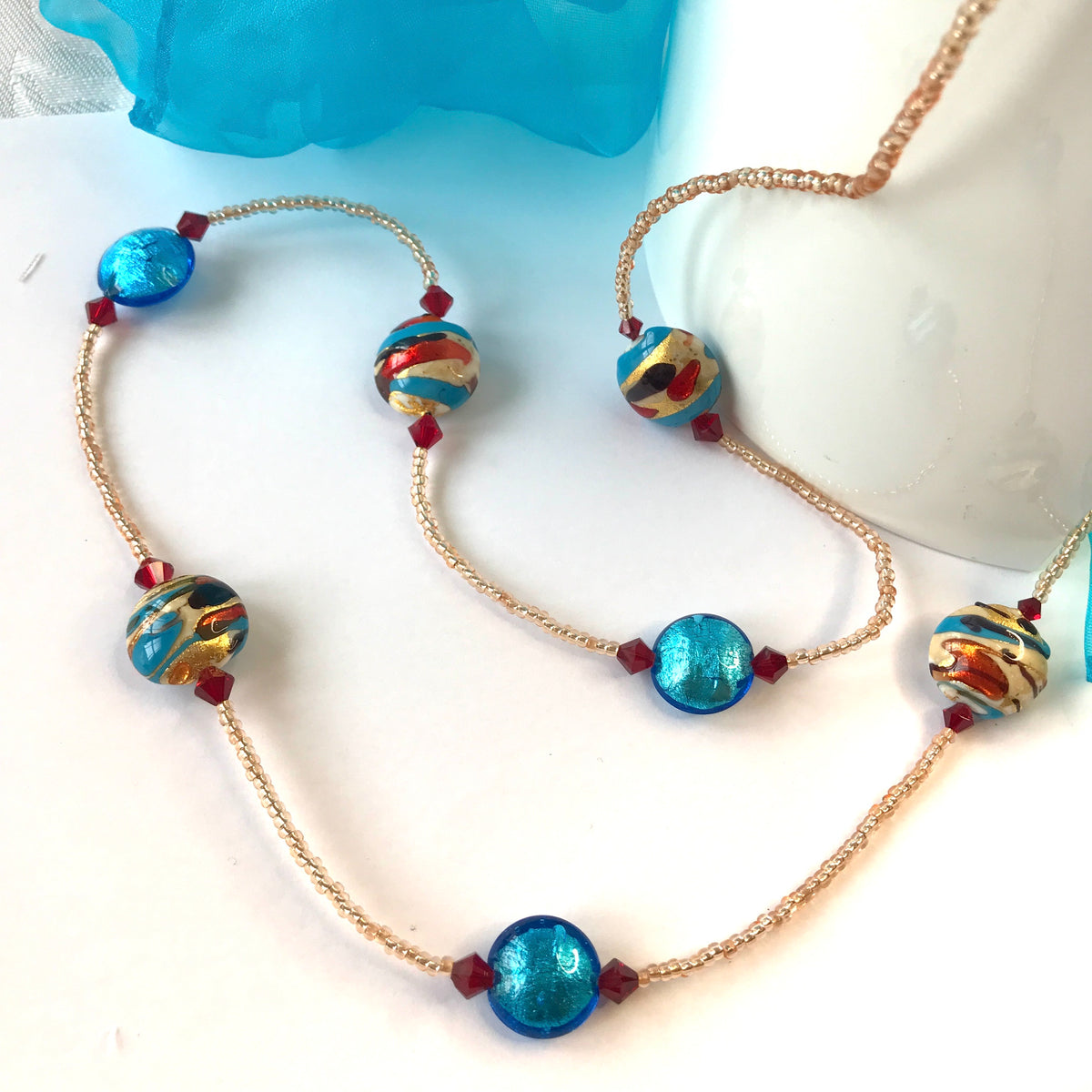 Beautiful blue red beaded real Murano glass necklace