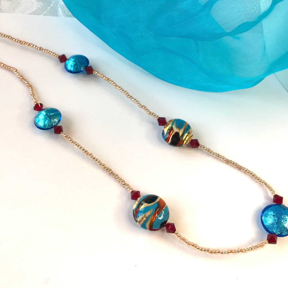 Beautiful blue red beaded real Murano glass necklace