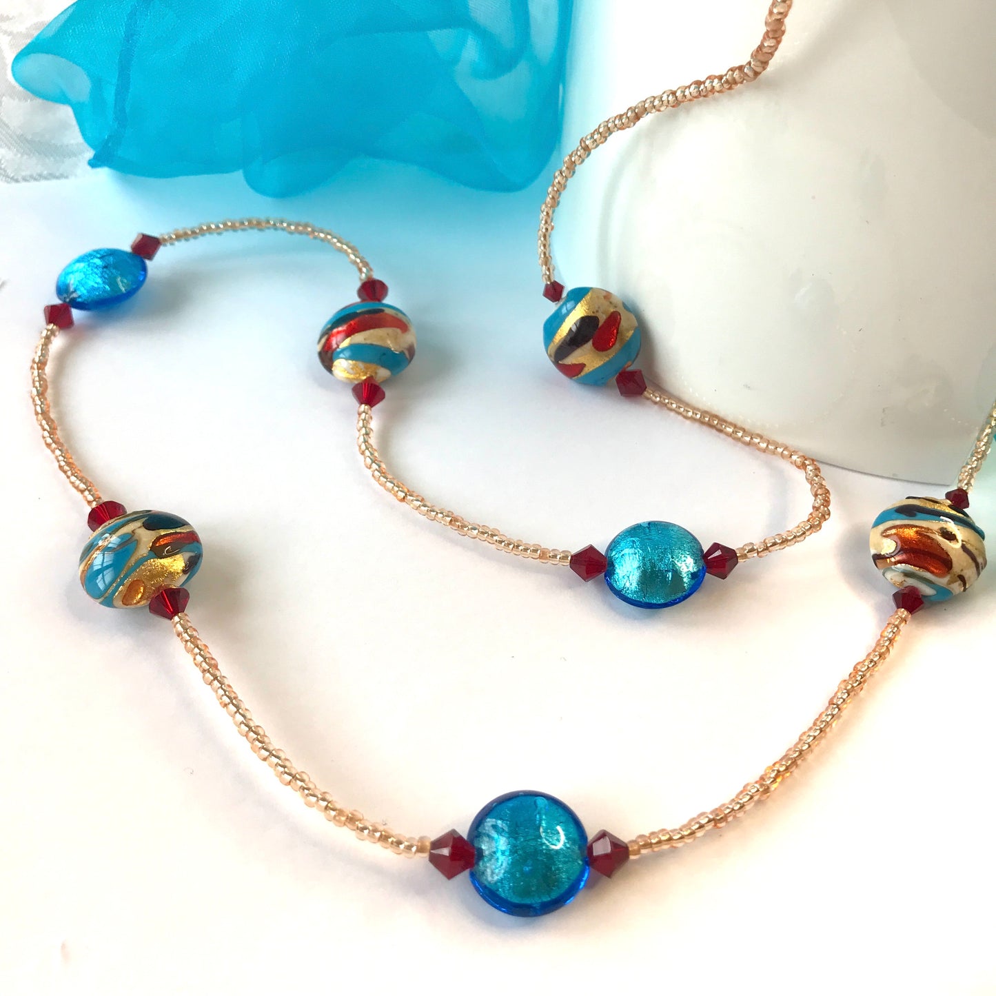 Beautiful blue red beaded real Murano glass necklace