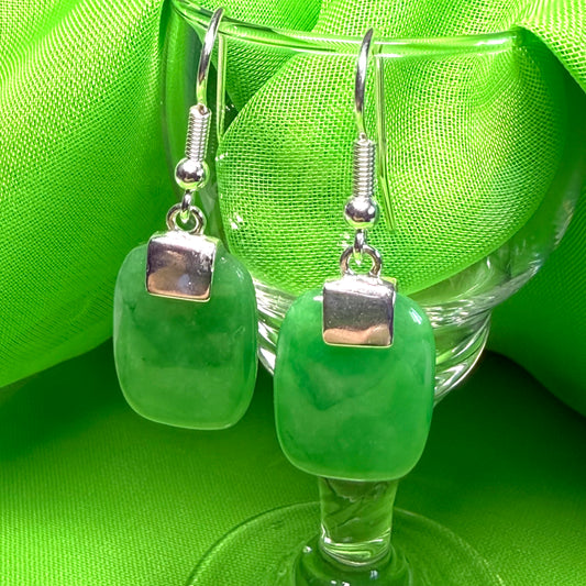 A beautiful pair of real green jade silver cushion shaped dropped earrings