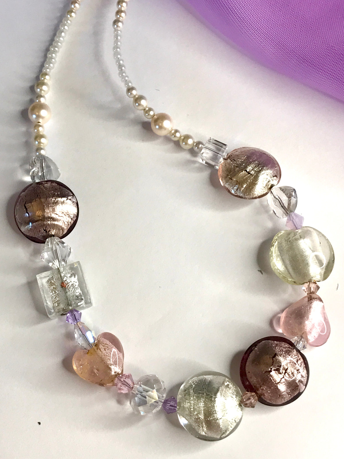 Beautiful pastel pink white beaded real Murano glass necklace with crystals extender