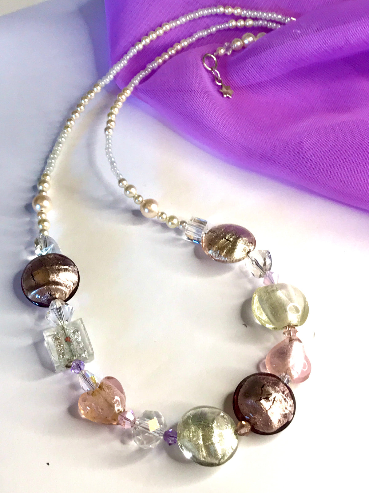 Beautiful pastel pink white beaded real Murano glass necklace with crystals extender