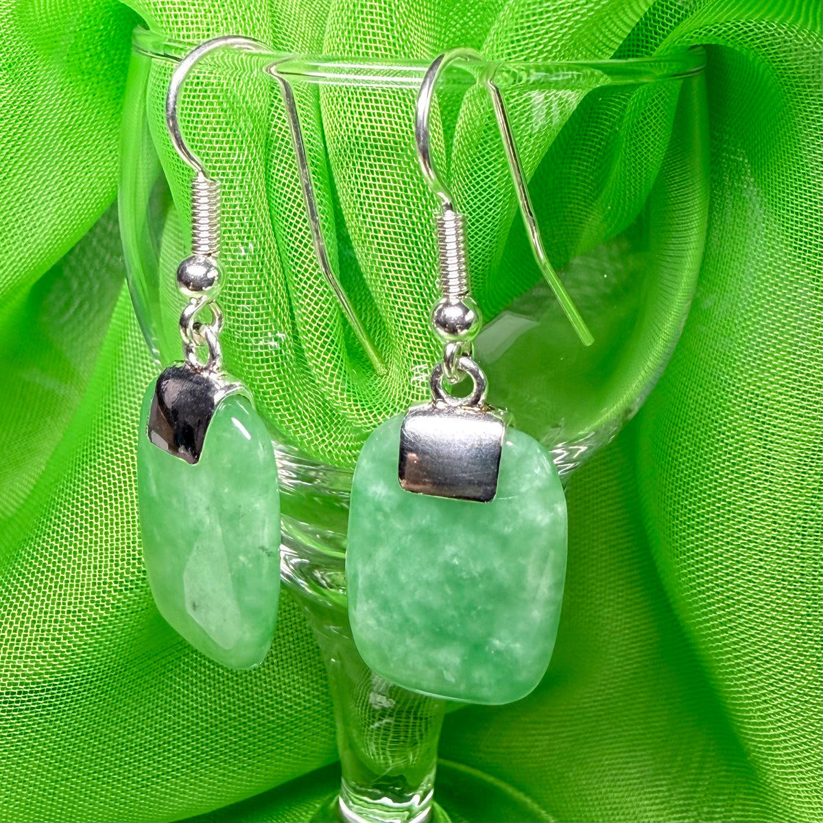Beautiful real green jade silver cushion shaped dropped earrings