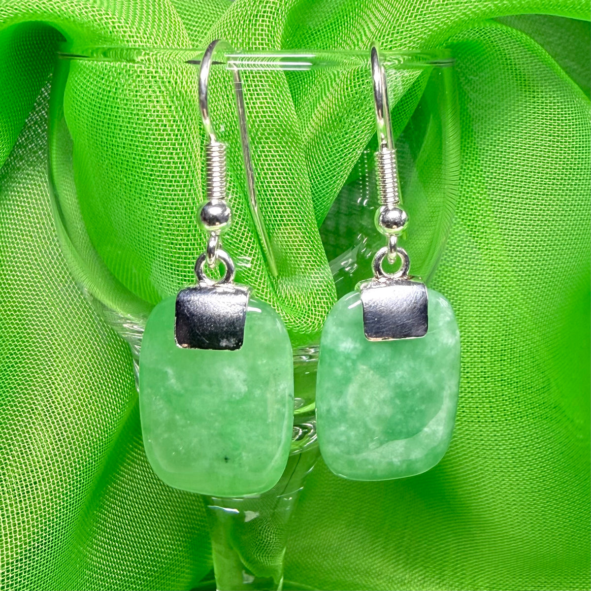 Beautiful real green jade silver cushion shaped dropped earrings