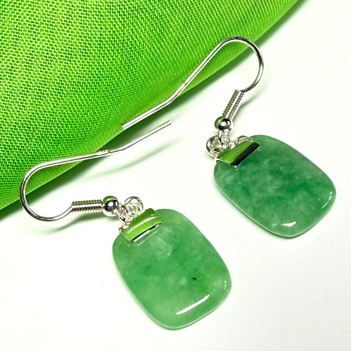 Beautiful real green jade silver cushion shaped dropped earrings