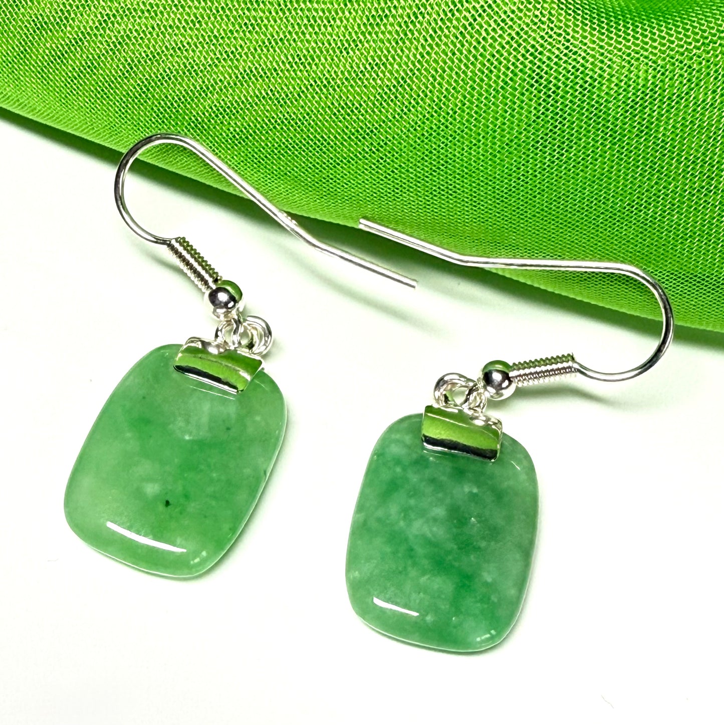 Beautiful real green jade silver cushion shaped dropped earrings