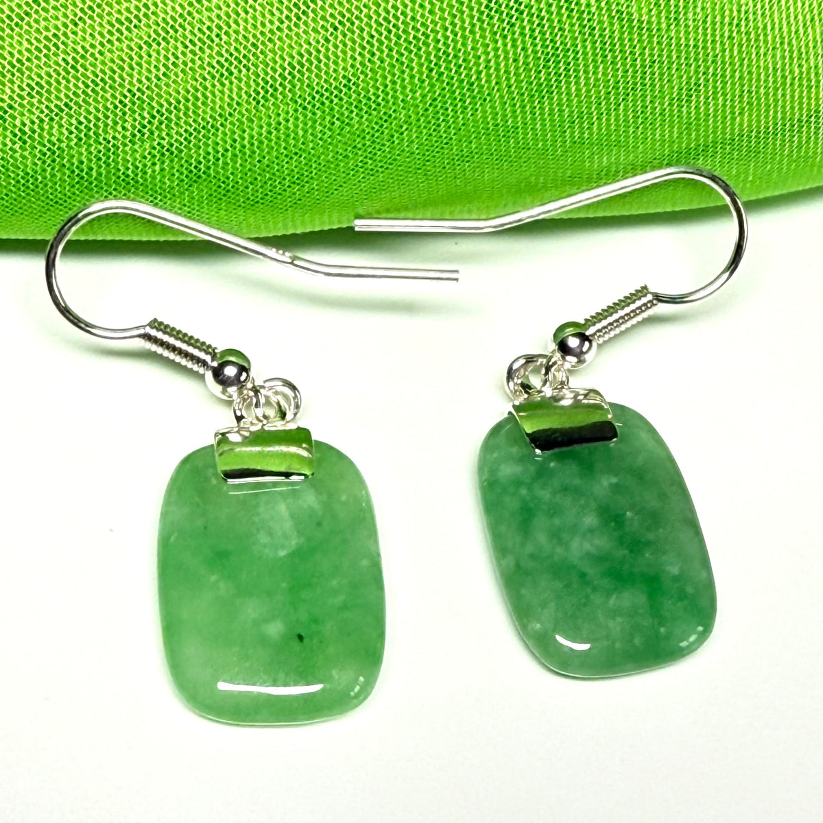 Beautiful real green jade silver cushion shaped dropped earrings