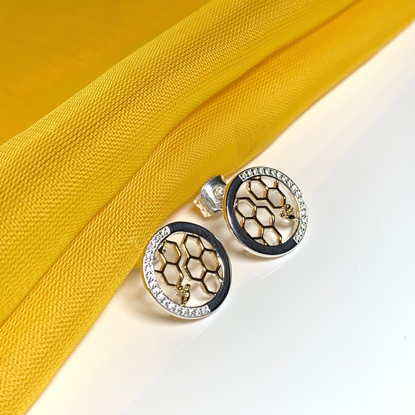 Bee stud earrings sterling silver gilt round honeycomb