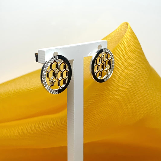 Bee stud earrings sterling silver gilt round honeycomb