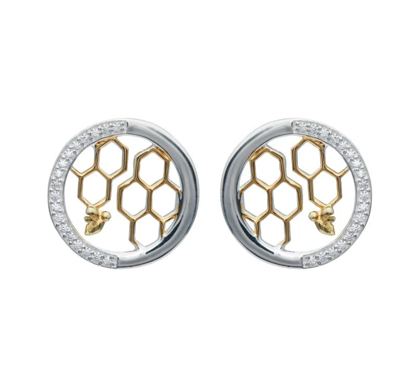 Bee stud earrings sterling silver gilt round honeycomb