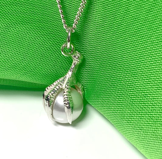 Bird of Prey talon hooked claw men’s real freshwater pearl necklace silver