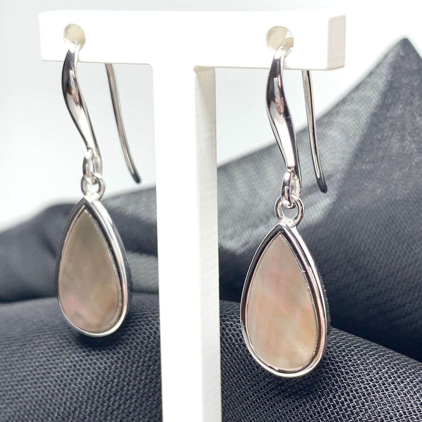 Black Mother of Pearl Pear Drop Sterling Silver Stud Earrings