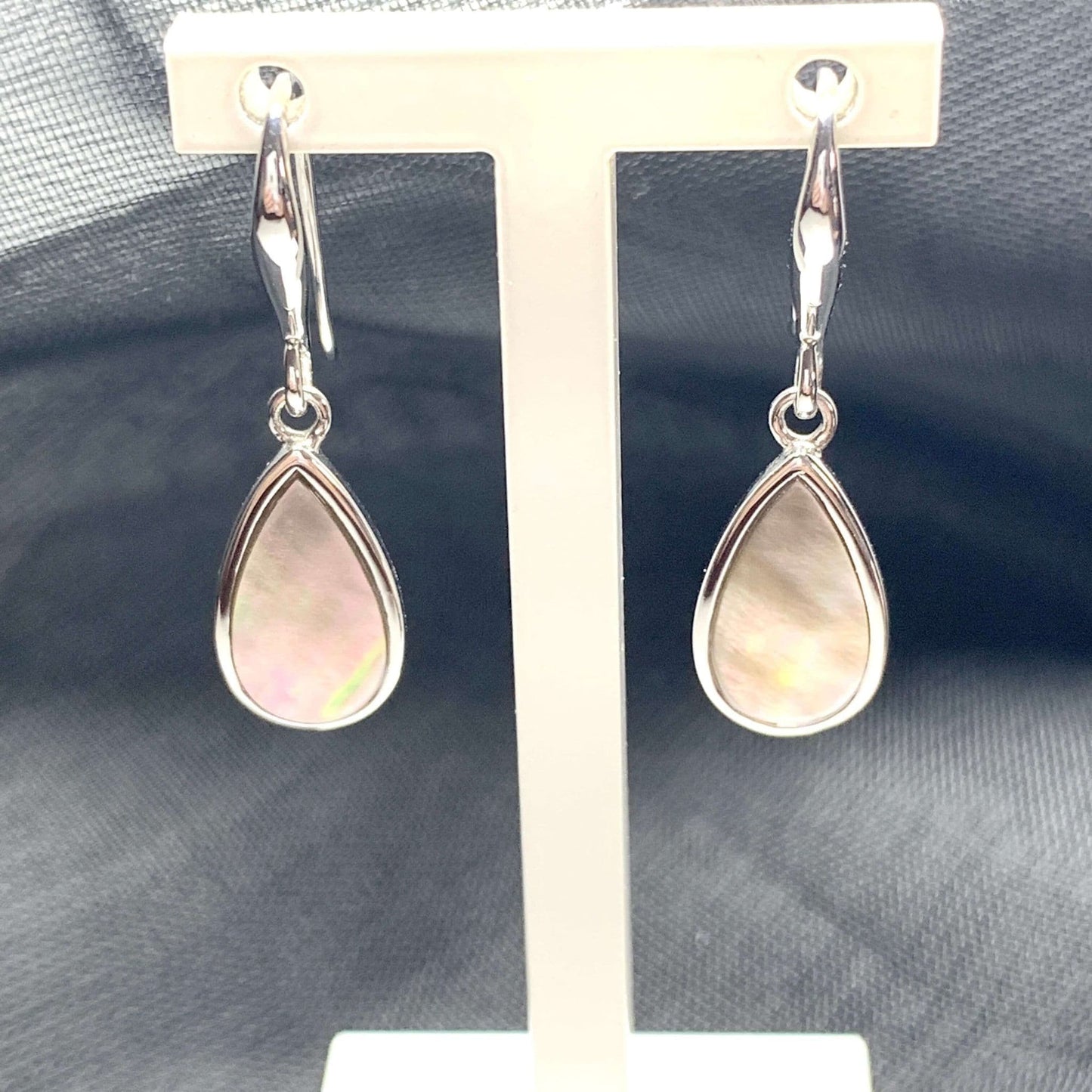 Black Mother of Pearl Pear Drop Sterling Silver Stud Earrings