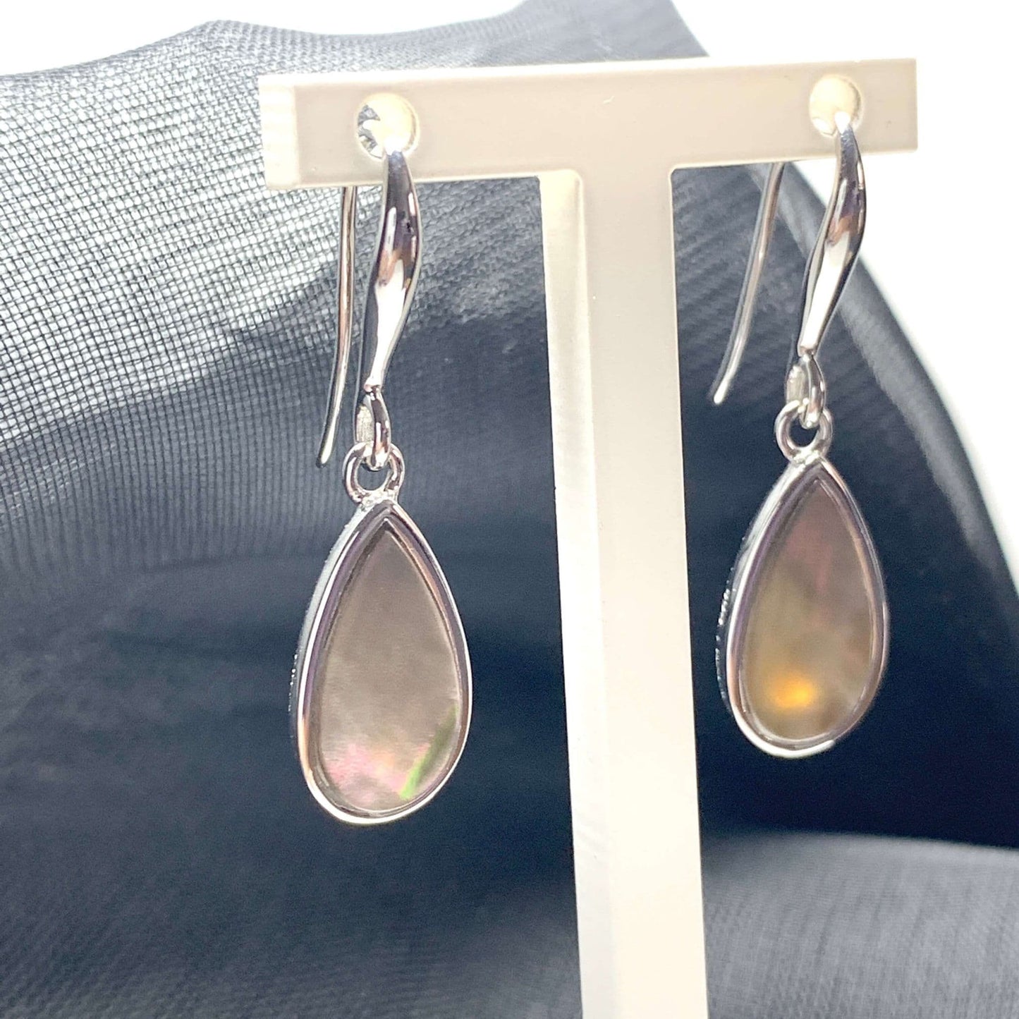 Black Mother of Pearl Pear Drop Sterling Silver Stud Earrings