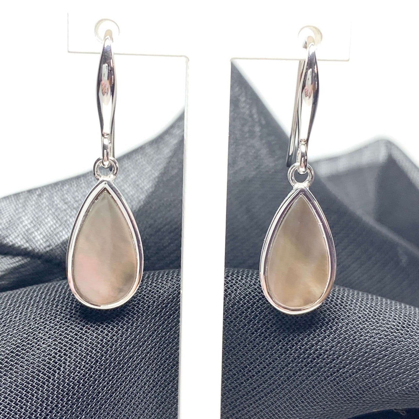 Black Mother of Pearl Pear Drop Sterling Silver Stud Earrings