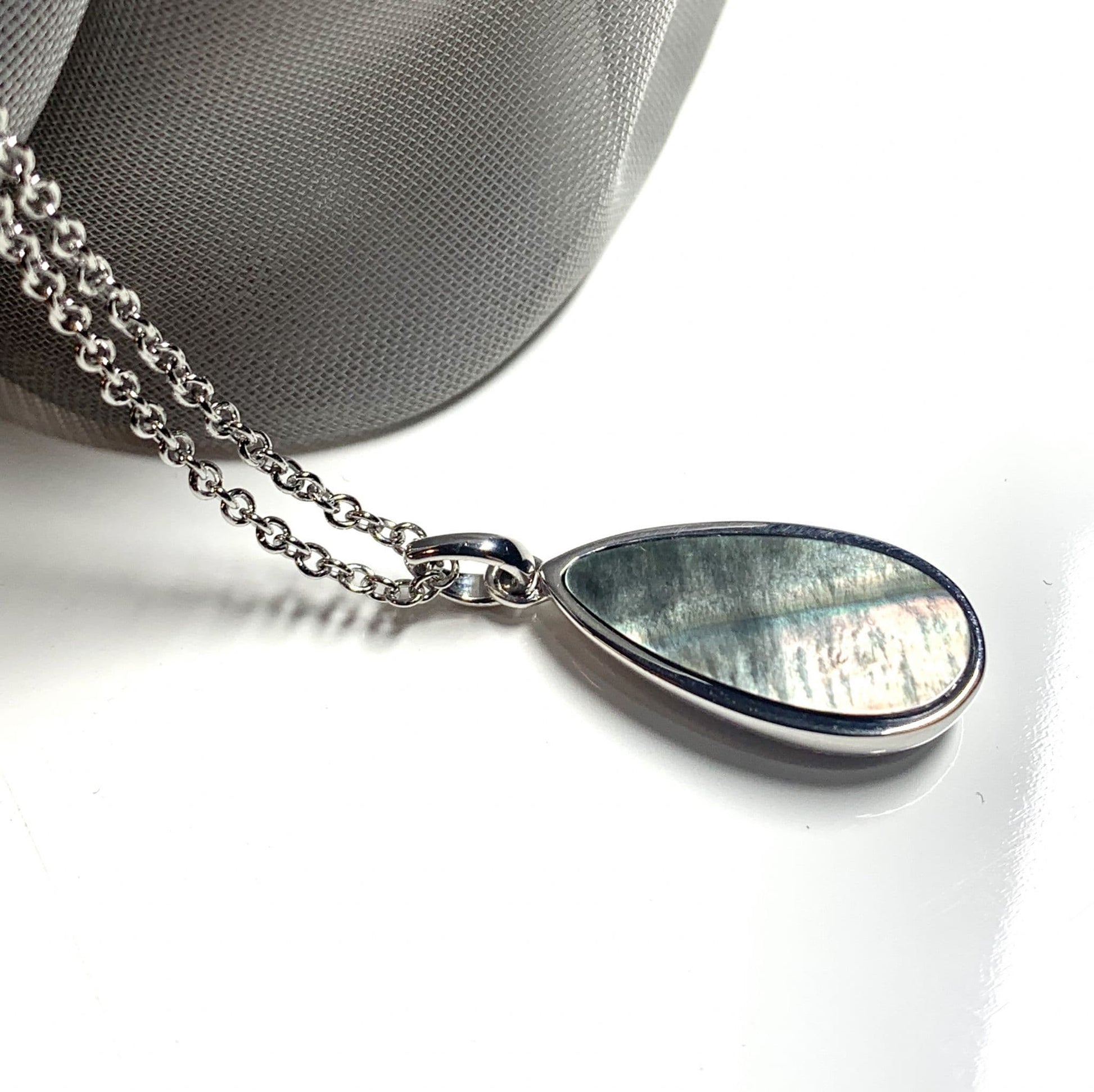 Black Mother of Pearl Pear Teardrop Sterling Silver Necklace