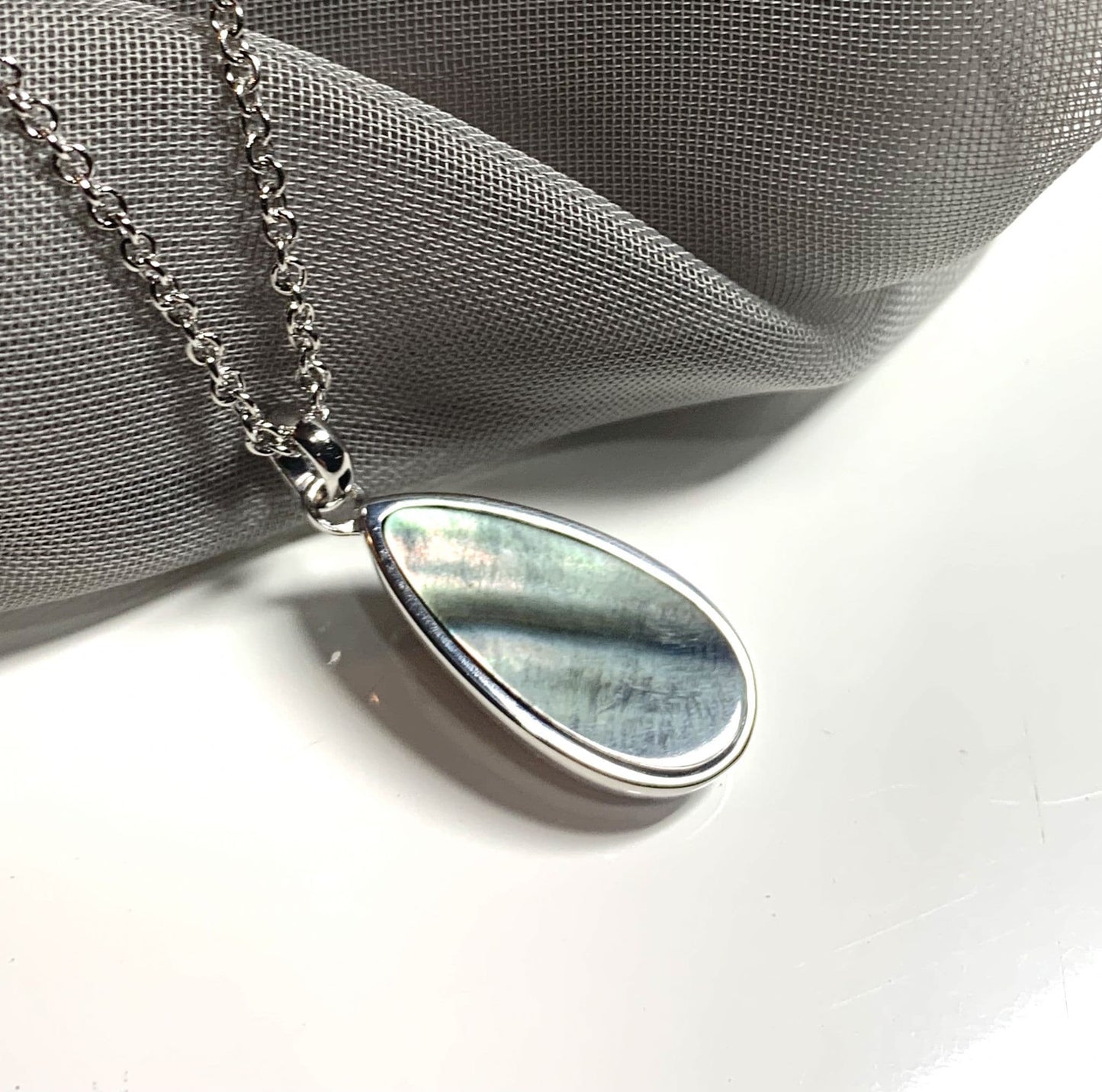 Black Mother of Pearl Pear Teardrop Sterling Silver Necklace