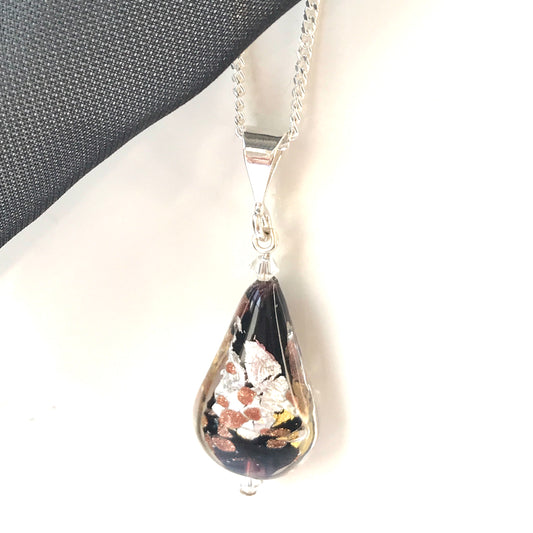 Black & Gold Murano Glass Pear Teardrop Bead Necklace Pendant