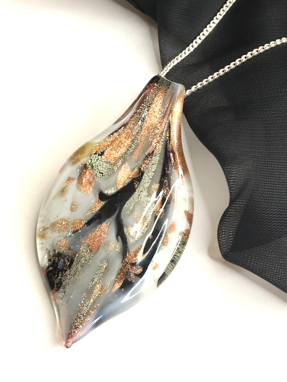 Black, Grey & Copper Tone Murano Glass Leaf Necklace