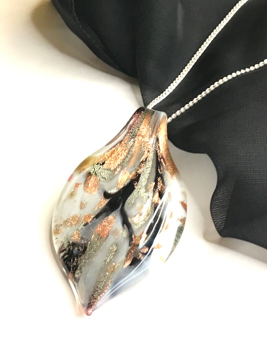 Black, Grey & Copper Tone Murano Glass Leaf Necklace