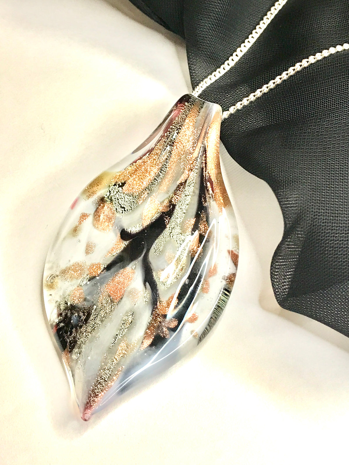 Black, Grey & Copper Tone Murano Glass Leaf Necklace Back Of