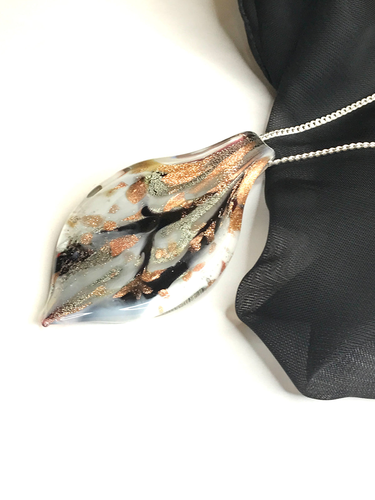Black, Grey & Copper Tone Murano Glass Leaf Necklace