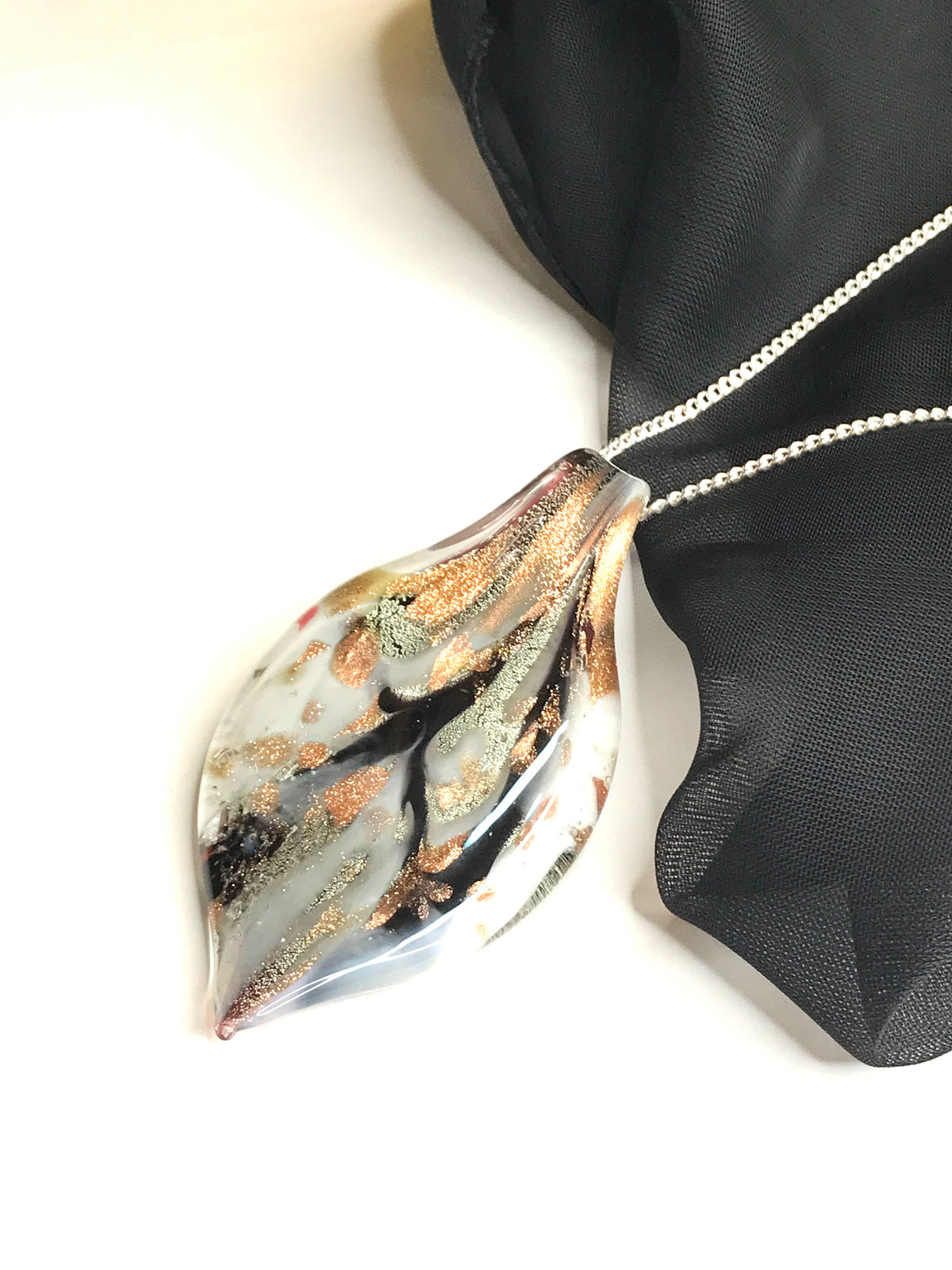Black, Grey & Copper Tone Murano Glass Leaf Necklace
