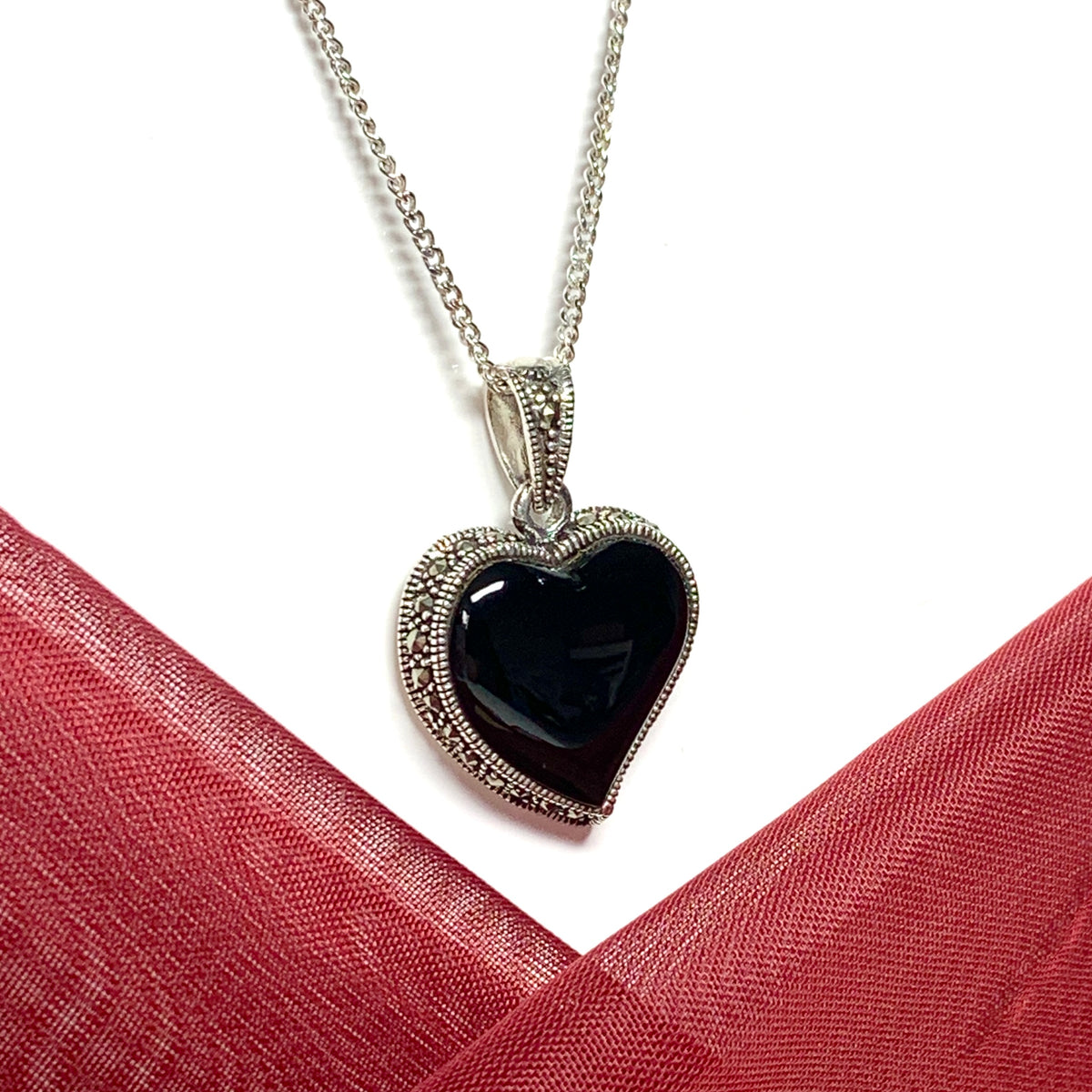 Black Onyx And Marcasite heart Shaped Necklace Pendant Sterling Silver
