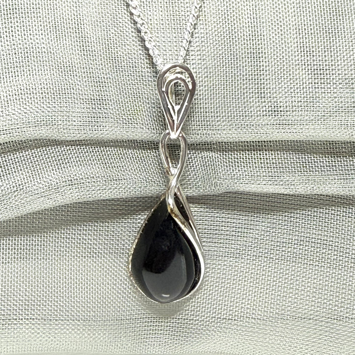 Black pendant real jet pear teardrop shaped sterling silver necklace including chain