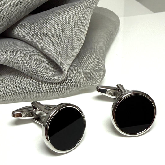 Round black real onyx cufflinks silver plated