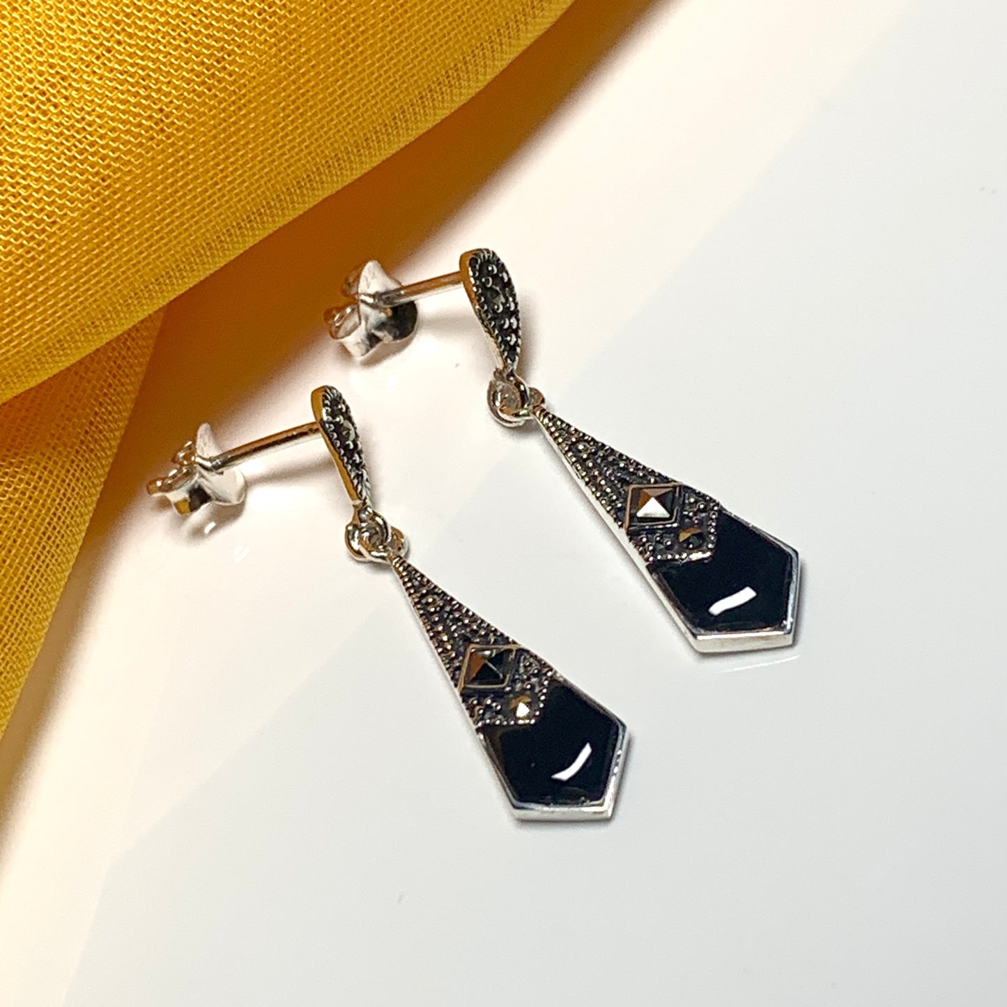 Black agate and marcasite small drop kite shaped earrings sterling silver