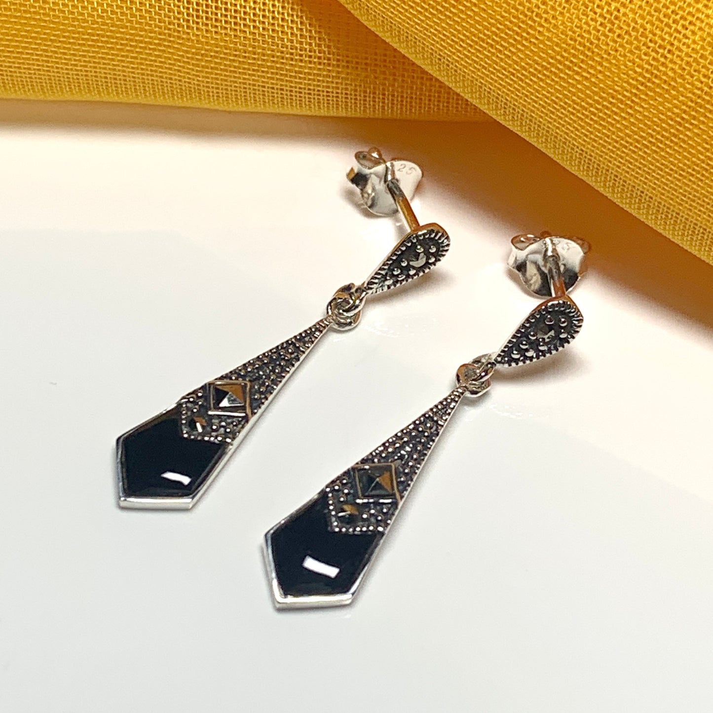 Black agate and marcasite small drop kite shaped earrings sterling silver