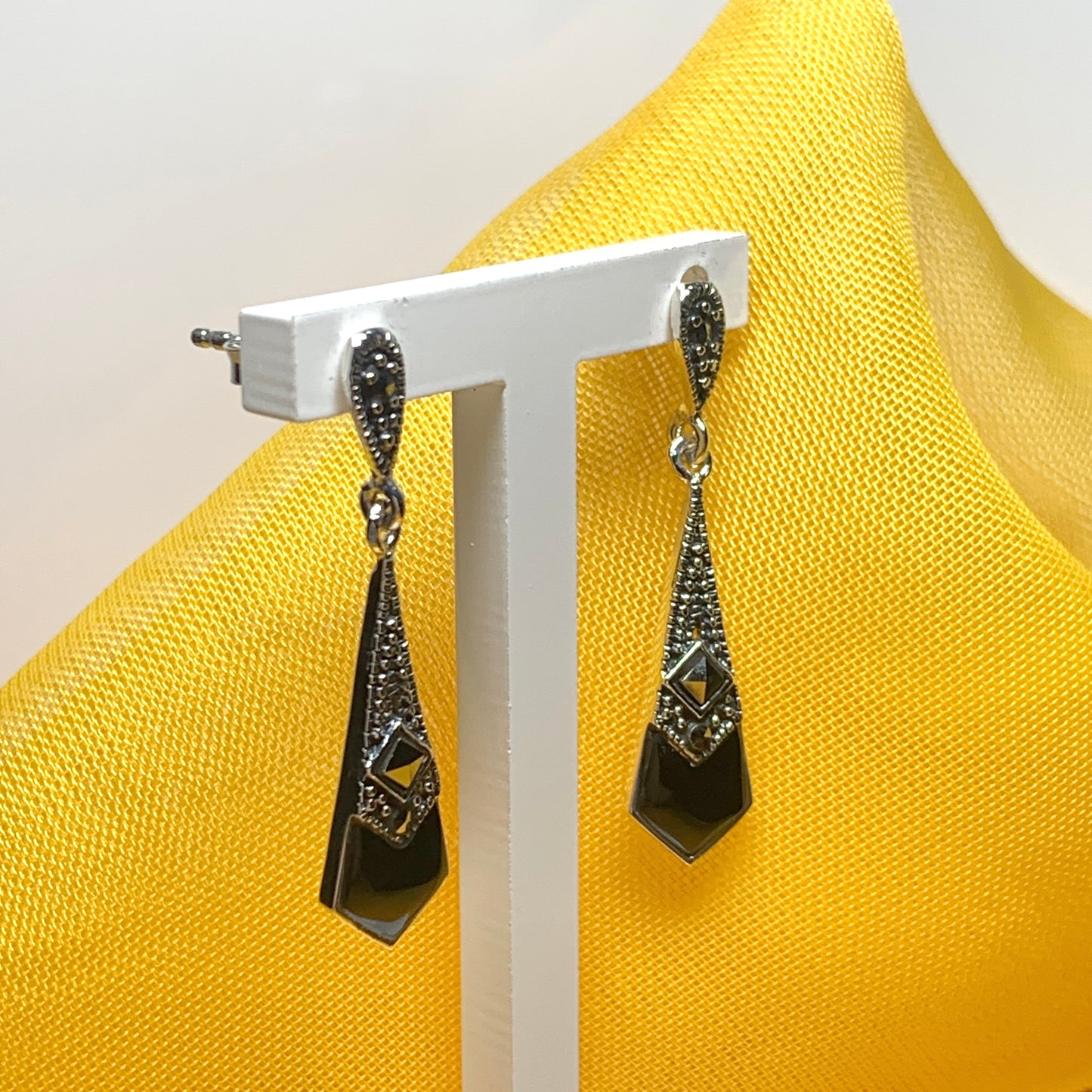 Black agate and marcasite small drop kite shaped earrings sterling silver