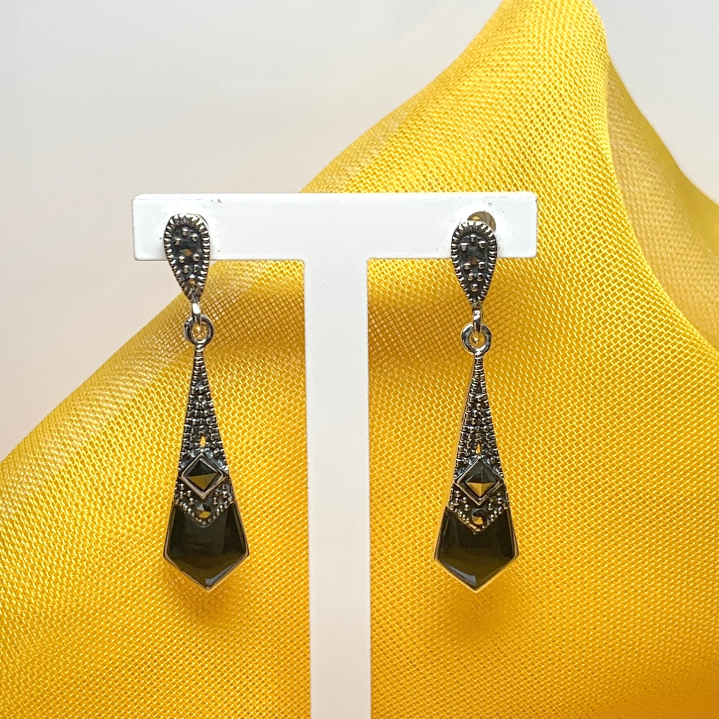 Black agate and marcasite small drop kite shaped earrings sterling silver