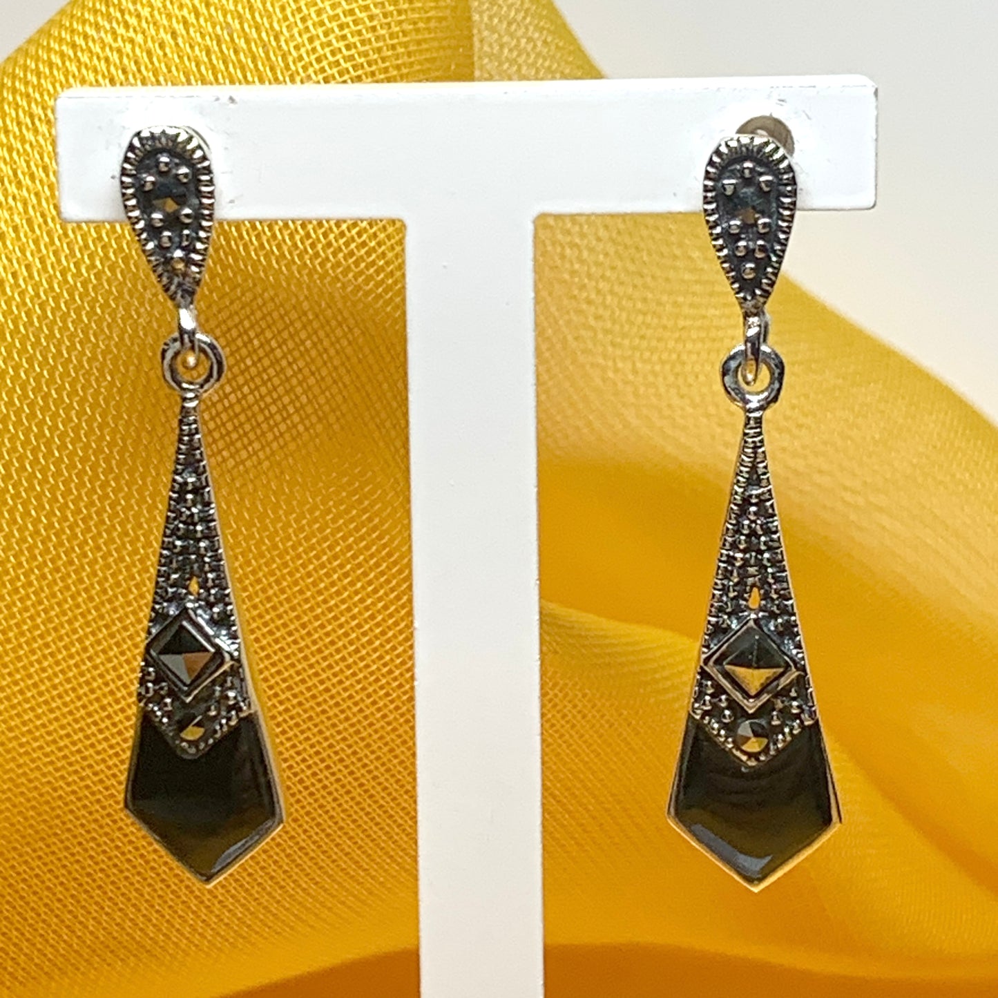 Black agate and marcasite small drop kite shaped earrings sterling silver