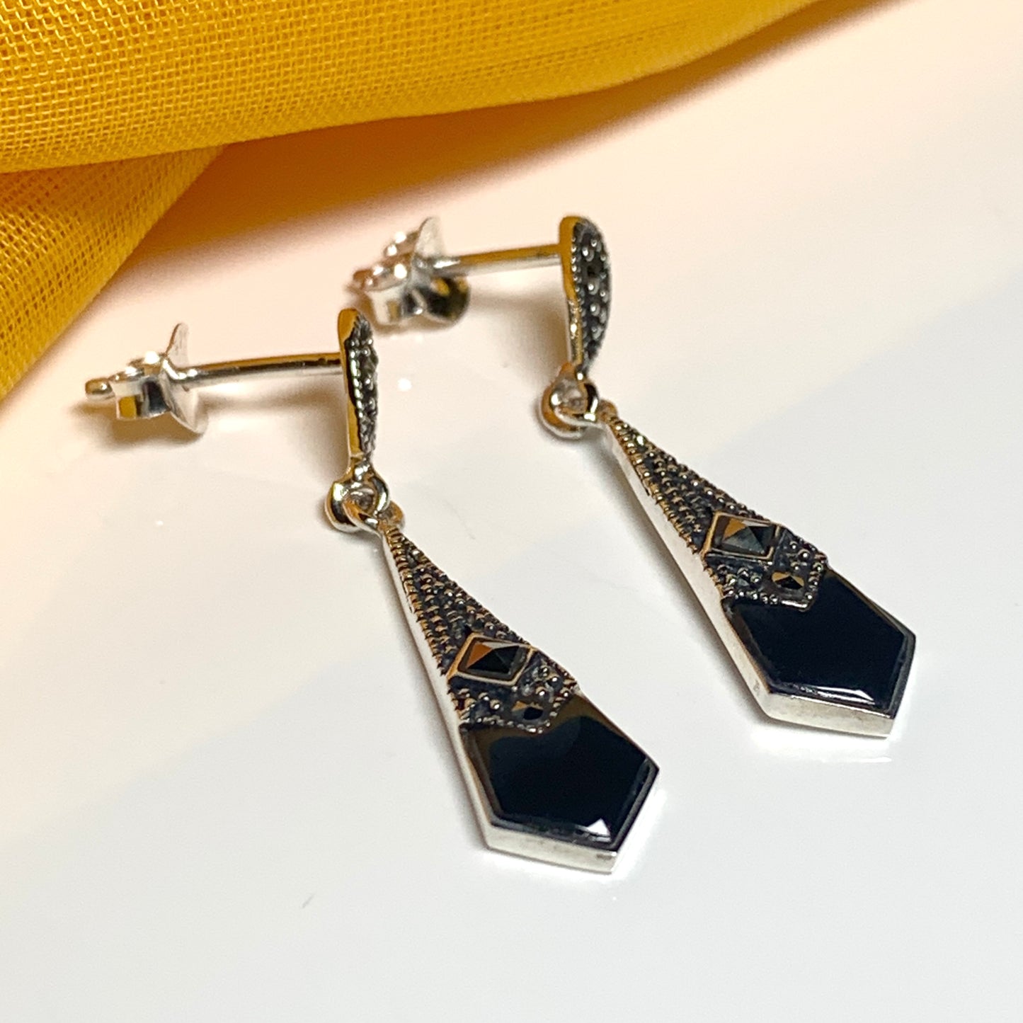 Black agate and marcasite small drop kite shaped earrings sterling silver