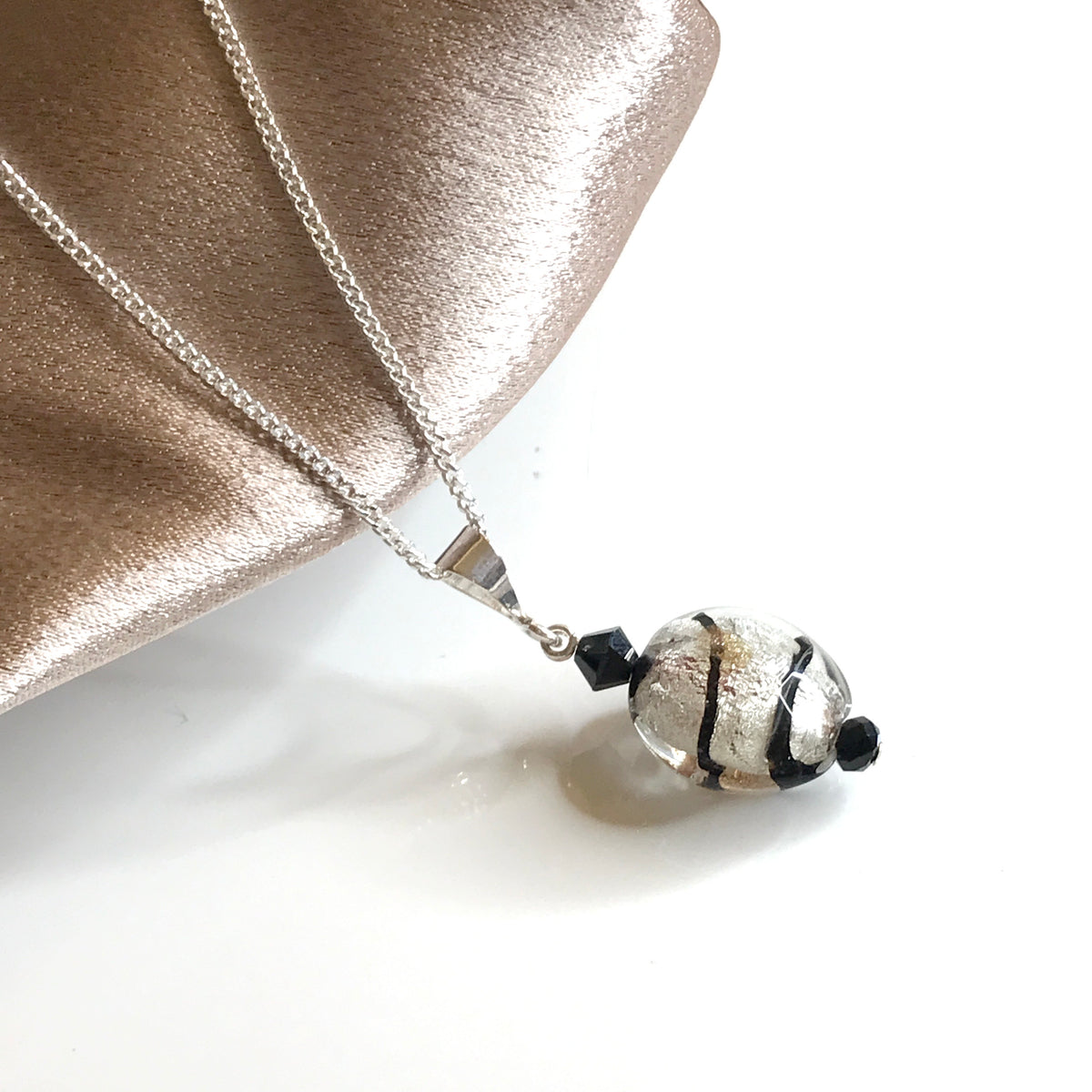 Round Black and White Real Murano Gold Bead Necklace Pendant