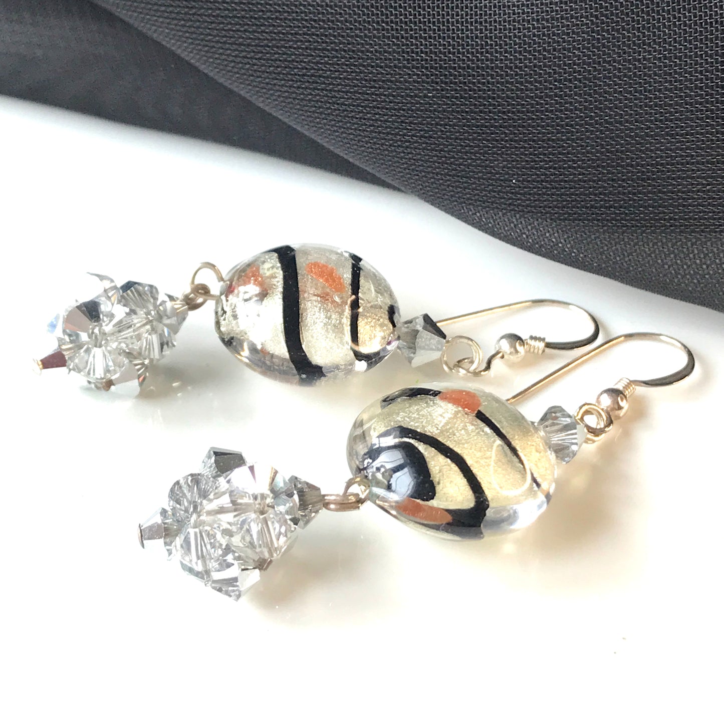 Black and clear round real Murano glass drop earrings