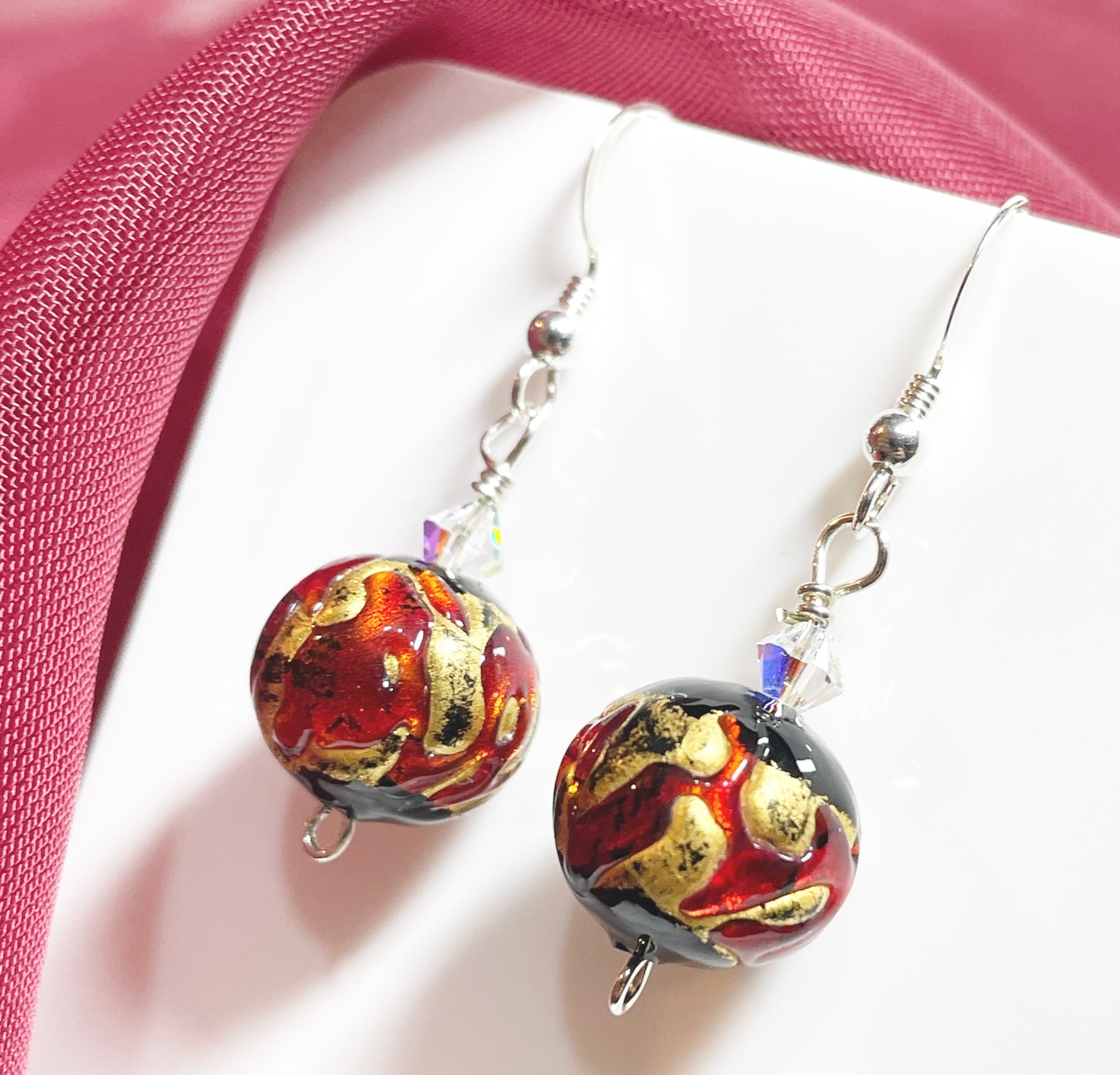 Murano glass black and red round drop earrings