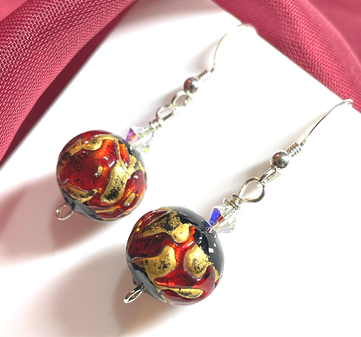 Murano glass black and red round drop earrings